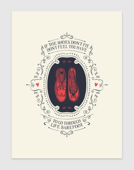 a typographic illustration using shoe icons, with wording scrolled around the outside, if the shoes doesn't fit