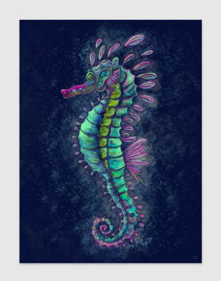 brightly coloured illustration of a seahorse with a dark blue background, bright teals, greens and pinks