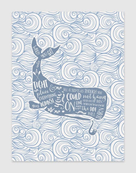 a typographic illustration print of a whale with wording over the top, surrounded by waves