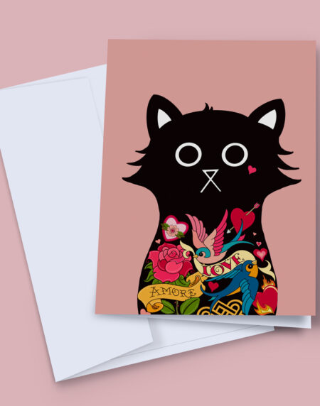 Valentino Card - a black cat covered in love-based tattoos, on a dusty pink background