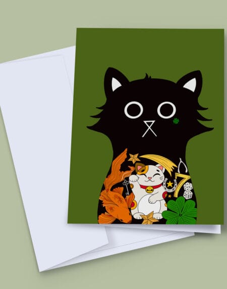 Lucky greeting card - a black cat adorned with lucky-based tattoos