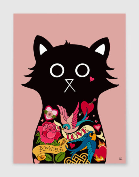 Hand drawn illustration of Valentino Cat - a love-inspired tattoo adorned black cat, on a pink background