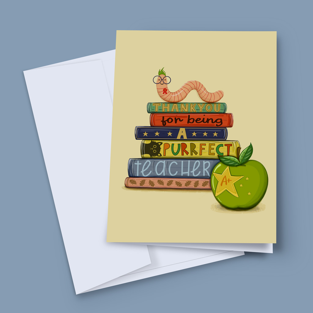 A greeting card for a 'purrfect teacher', handrawn books that spell out thank You For Being a Purrfect Teacher, wiht a book worm on top, and a apple at the bottom with a gold star