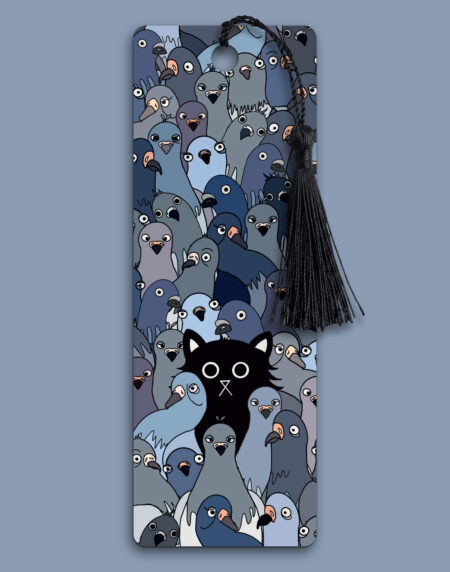 A wide-eyed black cat sits surrounded by a crowd of quirky illustrated grey pigeons staring back — the Cat Among the Pigeons bookmark, printed with a matt laminate finish and black tassel, 52mm x 148mm, 400gsm card