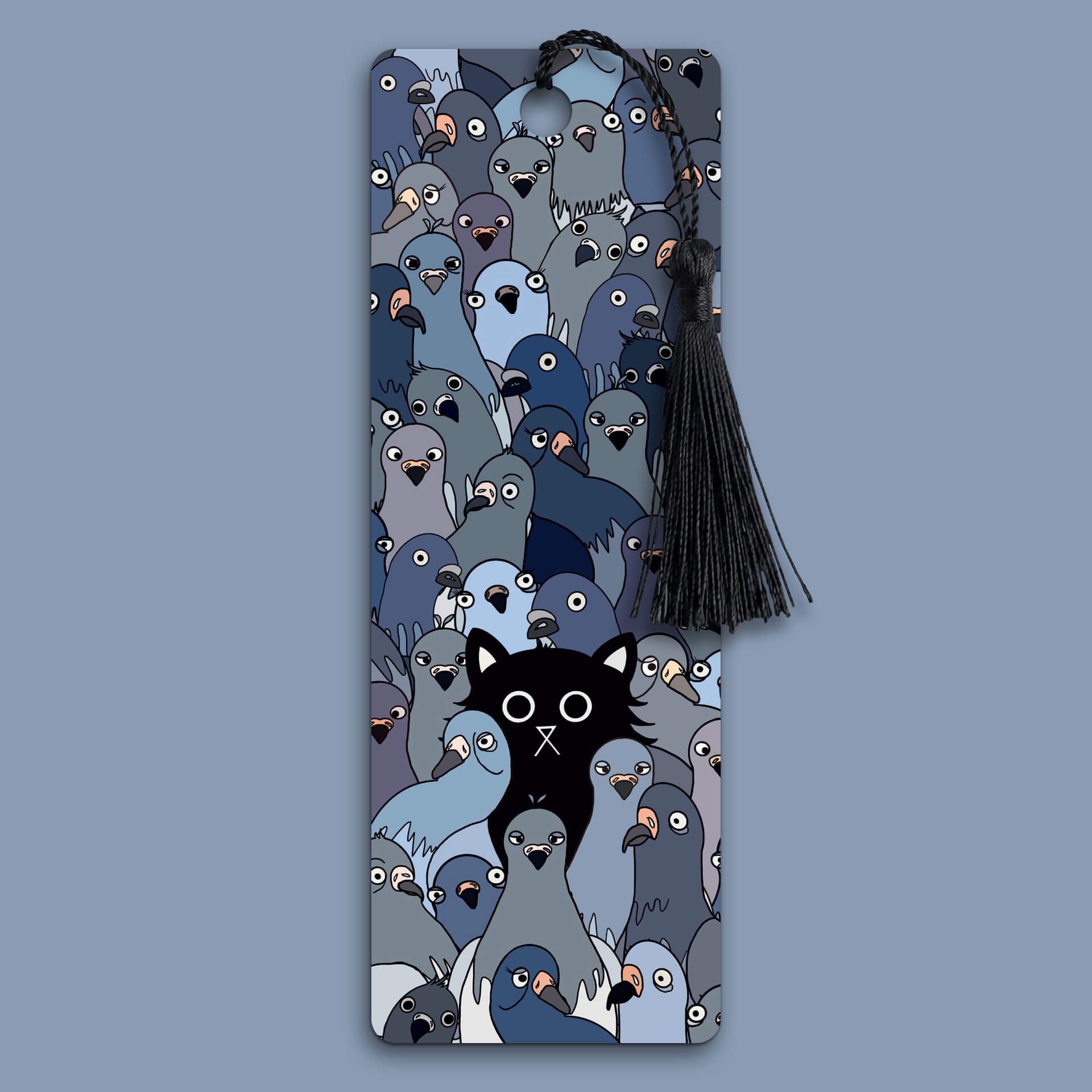 A wide-eyed black cat sits surrounded by a crowd of quirky illustrated grey pigeons staring back — the Cat Among the Pigeons bookmark, printed with a matt laminate finish and black tassel, 52mm x 148mm, 400gsm card