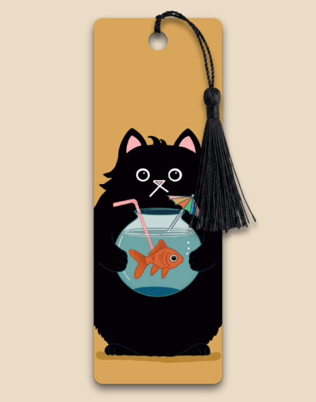 A black cartoon cat holding a fishbowl drink with a goldfish, cocktail umbrella and straw - a funny cat bookmark on an orange background with a black tassel, 52mm x 148mm, 400gsm matt laminated