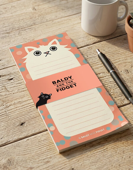 A DL notepad featuring a fluffy white cartoon cat with wide eyes on a coral background scattered with teal and pink spots. The Paws for Thought cute cat notepad measures 99mm x 210mm, contains 50 pages of 100gsm lined paper and comes wrapped in a Baldy and the Fidget branded belly band and protective clear sleeve.