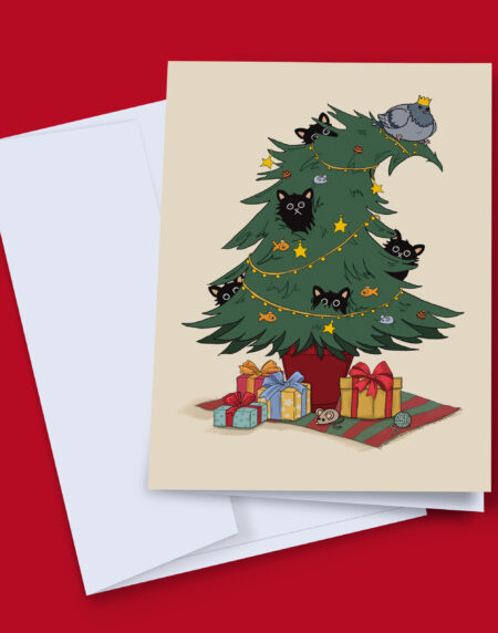 Black cat Christmas card Purr-Fect Chaos showing black cats hiding in a wonky tree with a crowned pigeon on top