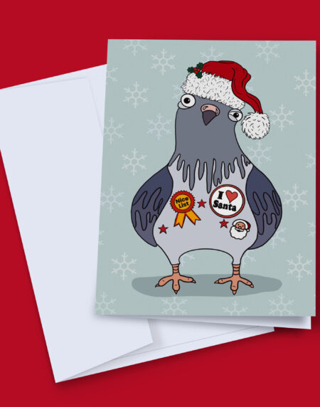 Funny pigeon Christmas card with a pigeon in a Santa hat wearing Nice List and I Love Santa badges on a blue snowflake background