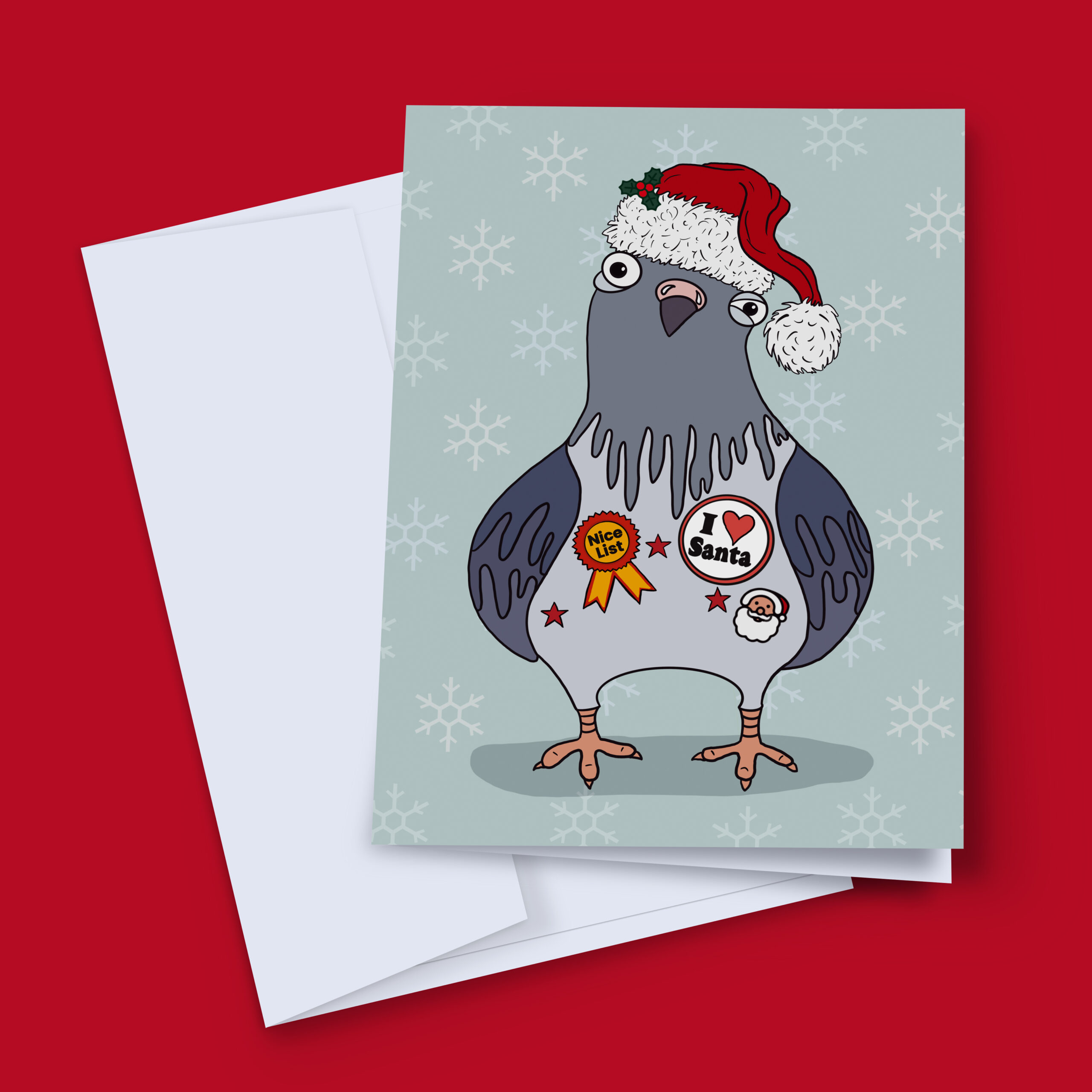Funny pigeon Christmas card with a pigeon in a Santa hat wearing Nice List and I Love Santa badges on a blue snowflake background