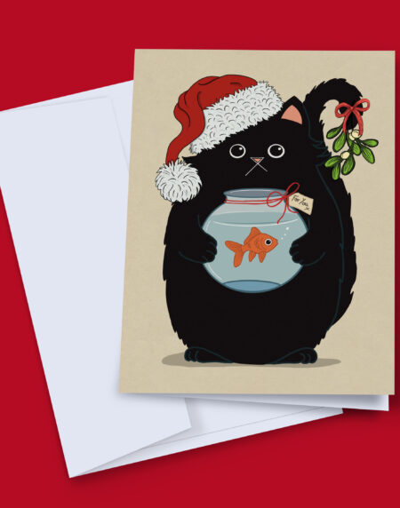 A black cat Christmas card with a Santa-hatted cat bearing a goldfish gift and mistletoe on its tail. Hand-illustrated and printed in the UK.
