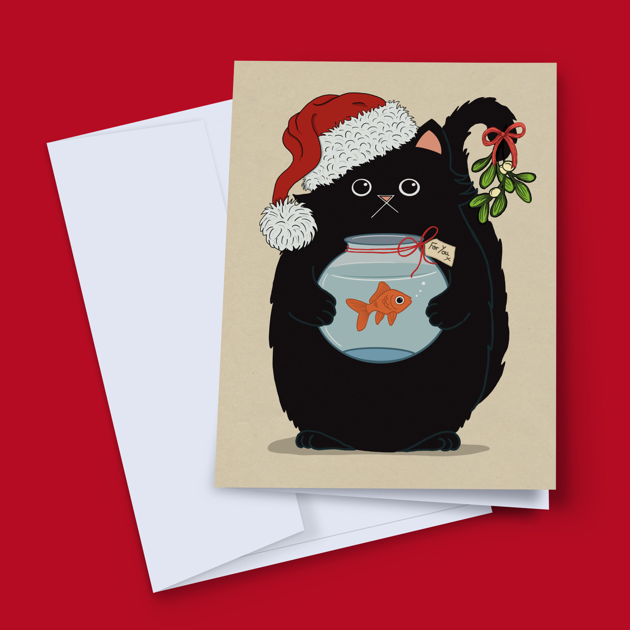A black cat Christmas card with a Santa-hatted cat bearing a goldfish gift and mistletoe on its tail. Hand-illustrated and printed in the UK.