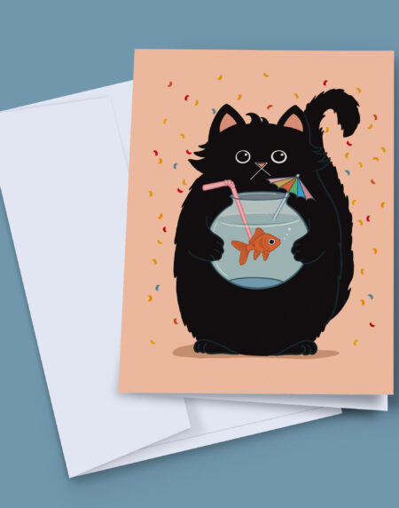 Funny cat birthday card with a fluffy black cat holding a goldfish bowl cocktail with straw and umbrella on a peach confetti background