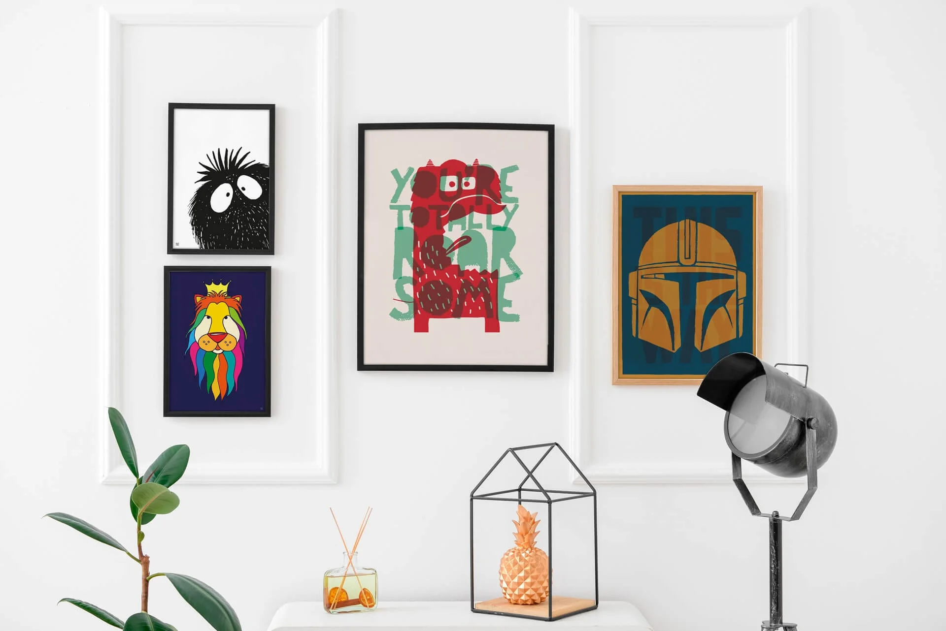 A visual mockup of wall art prints created by Baldy and the Fidget