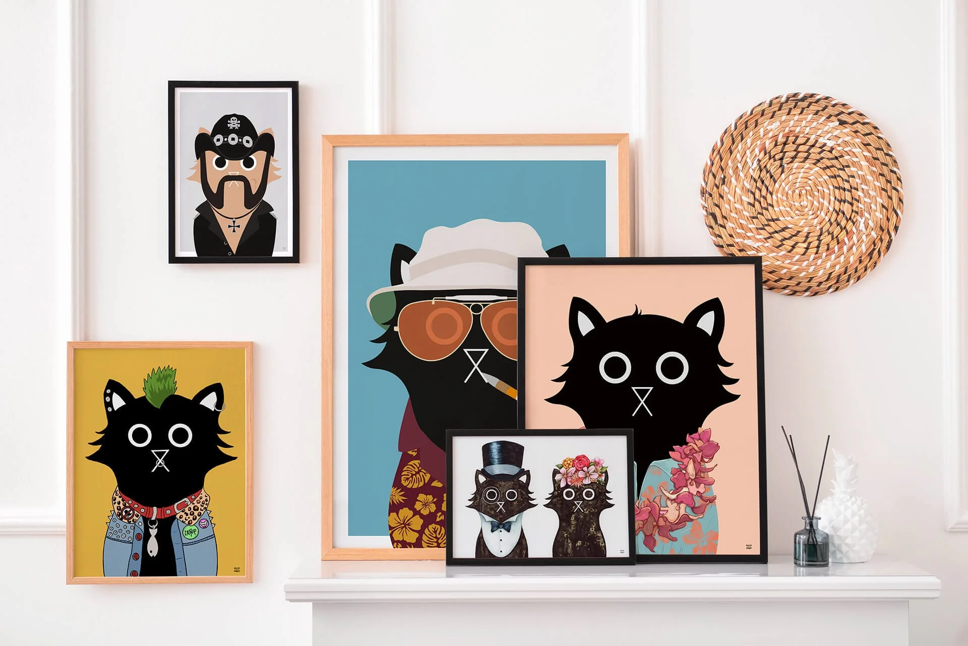 A visual mockup of wall art prints created by Baldy and the Fidget